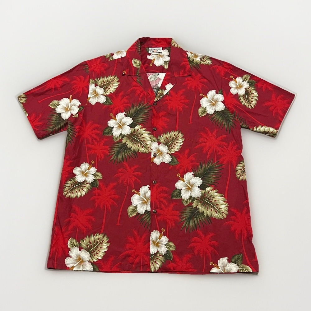 Pacific Legend Mens Red Floral Hibiscus Palm Beach Hawaiian Shirt XL Euro Summer